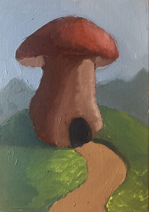 21x15cm Olje Maleri - Rødt Sopphus